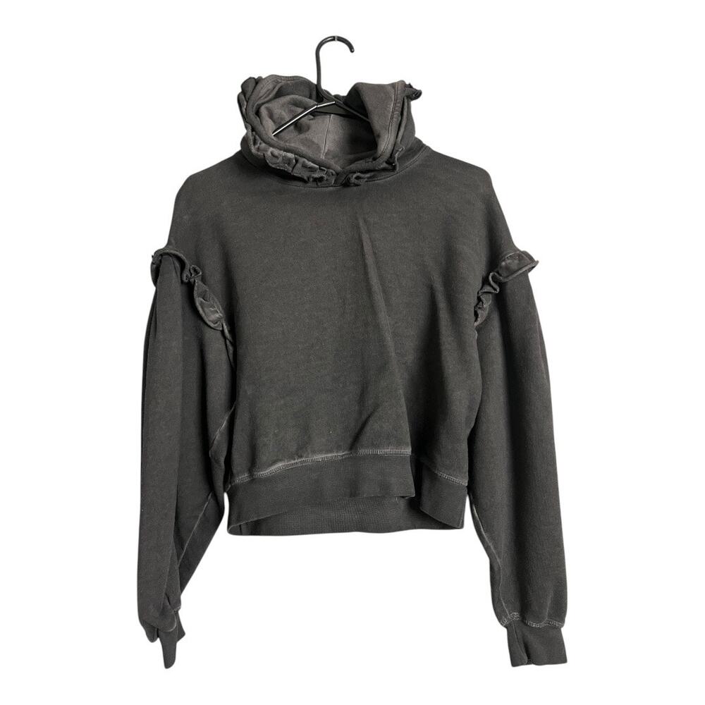 Something Navy Womens Cropped Hoodie XS Cotton Gray Ruffled Sweatshirt